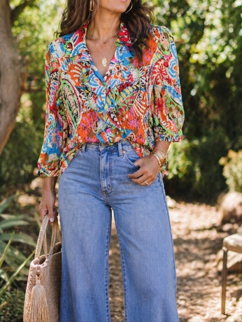 Y2K Vintage Vibrant Paisley Print Ruffle Front Blouse Boho Artsy Multicolor